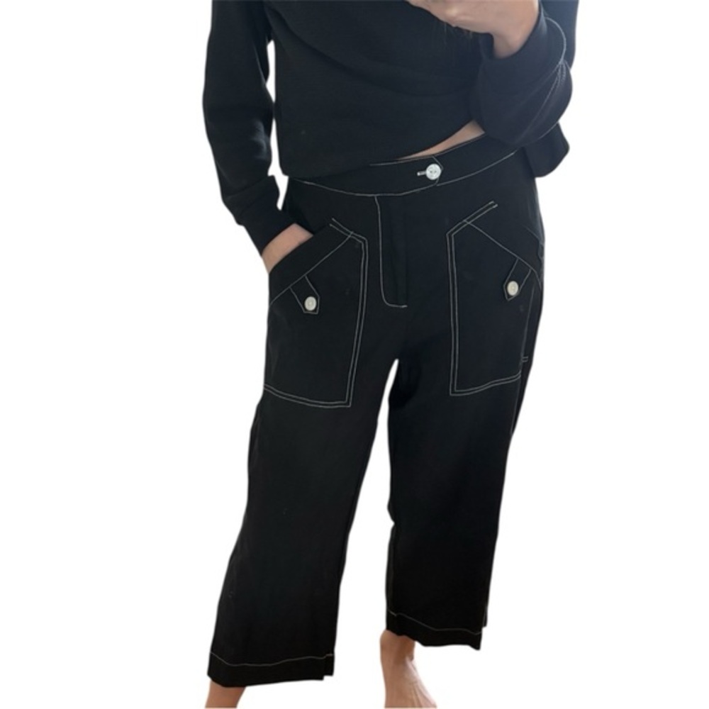 Joie Wide Leg cropped Pants M – Black white Contrast Stitch Tencel Linen blend